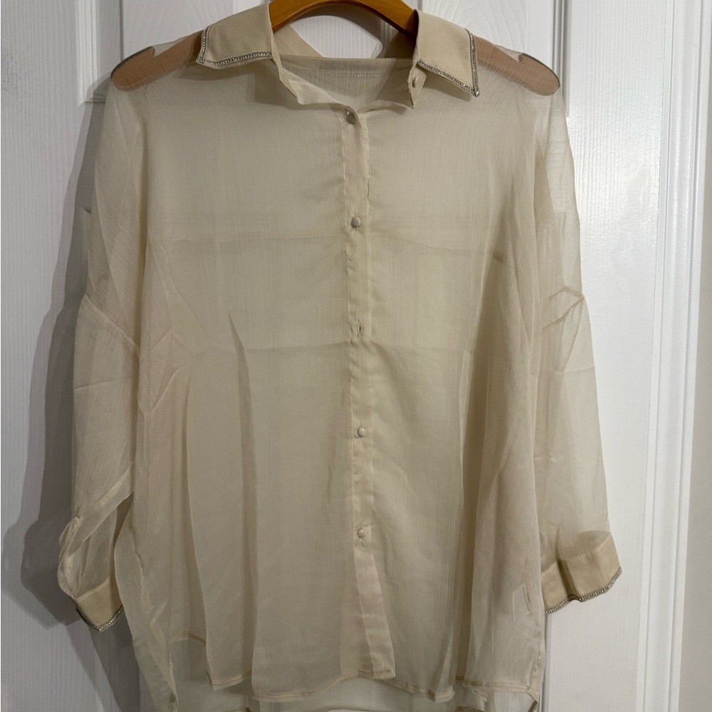 New ontwelfth Sheer Cream Blouse with rhinestone Accents